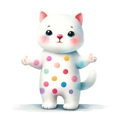 A cute cartoon cat with polka dots on its body is standing on a white background. The cat has its arms outstretched and is looking at the viewer with a curious expression.