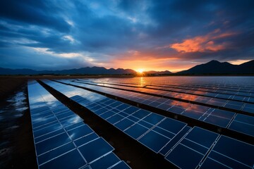 Dramatic clouds loom over a solar panel array as the sun sets behind mountains