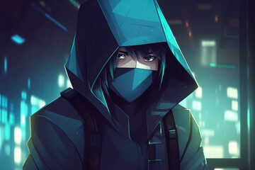 Young guy in a hood with his face covered in anime style