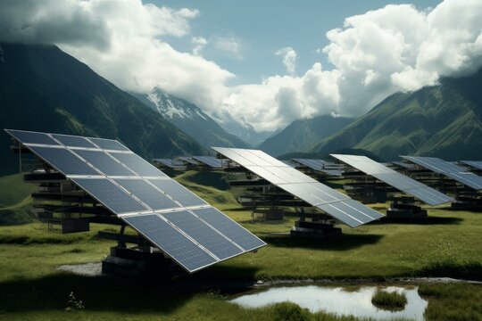 Eco-friendly solar energy panels in a serene valley with lush greenery and towering mountains