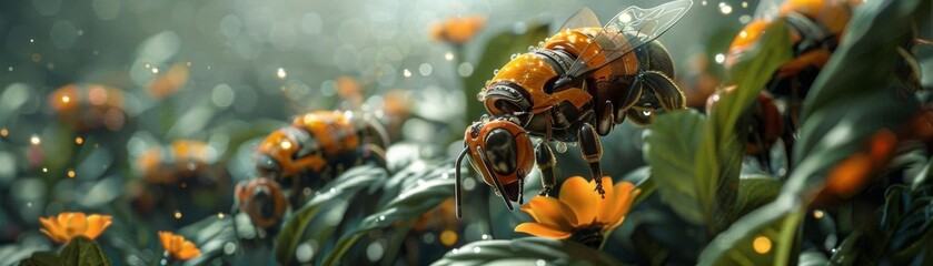 Robotic bees pollinate flowers within a climate controlled greenhouse, mimicking the intricate dance of their natural counterparts