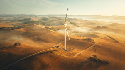 Wind turbine on golden farmland at sunrise, Renewable energy amidst misty fields and rolling hills in serene rural landscape