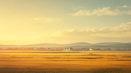 Golden fields at sunset with farm buildings and rolling hills on horizon, Tranquil rural North American landscape