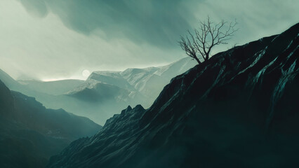 Misty mountain landscape at twilight with solitary tree on rugged slopes, Tranquil and mysterious view of nature