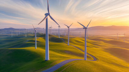 Wind turbines on rolling green hills at sunset, Generating renewable energy in vast serene scenic rural country landscape