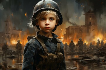Obraz premium Hardened Soldier military kid in war destroyed territory. Little boy in the middle of devastated city buildings. Generate ai