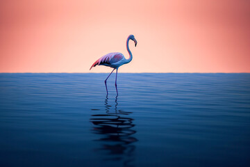 Fototapeta premium A lone flamingo stands in water against a serene, gradient sunset of blues and warm hues