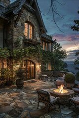 Obraz premium An evening view of a cozy outdoor seating area with a fire pit, surrounded by nature and a rustic building