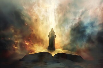divine light illuminating an open bible with the silhouette of jesus christ guiding the faithful digital art