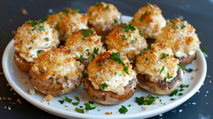 Fototapeta premium Latvian stuffed mushrooms with breadcrumbs and herbs on a white plate, a delicious traditional dish ready to be enjoyed