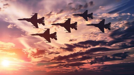 Four fighter jets soar in formation through the orange sky at dusk