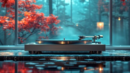 Record player with record on it against the backdrop of a window with an autumn landscape