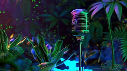 Microphone by colorful leaves, Violet petal background, Entertainment setting