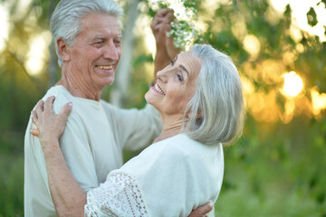 Portrait of happy beautiful senior couple dancing in summer park