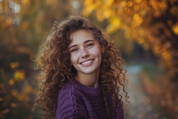 enchanting smile lovely woman with curly hair wearing purple sweater joyful autumn park portrait