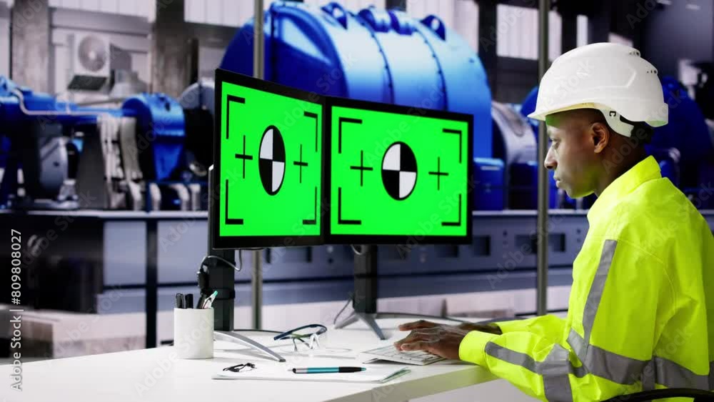 Poster engineer using pc monitor with green screen