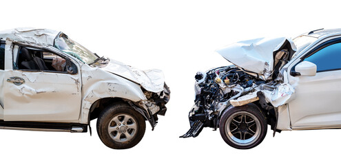 Car crash, Front and side view of white car get damaged by accident on the road. damaged cars after...
