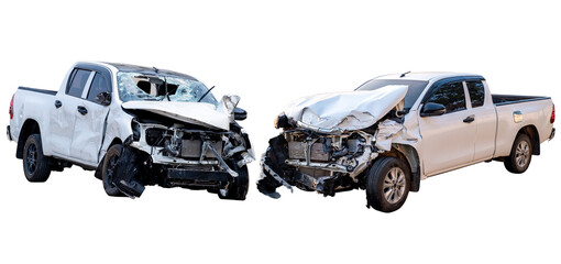 Car crash, Front and Side view of white pickup car get hard damaged by accident on the road....