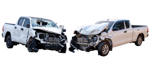 Car crash, Front and Side view of white pickup car get hard damaged by accident on the road. damaged cars after collision. isolated on transparent background. PNG File