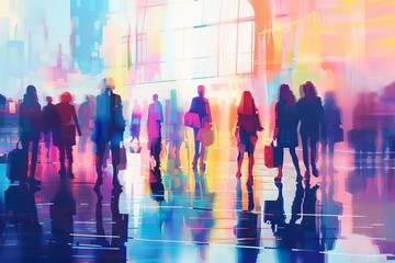 abstract blurred silhouettes of business people at trade fair digital painting