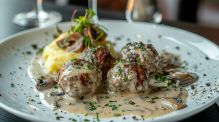 Authentic latvian meatballs served with mashed potatoes, rich creamy mushroom sauce, and fresh herbs on a white plate