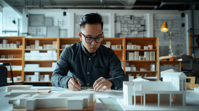 A portrait of a civil engineer in an office, surrounded by architectural models and blueprints.