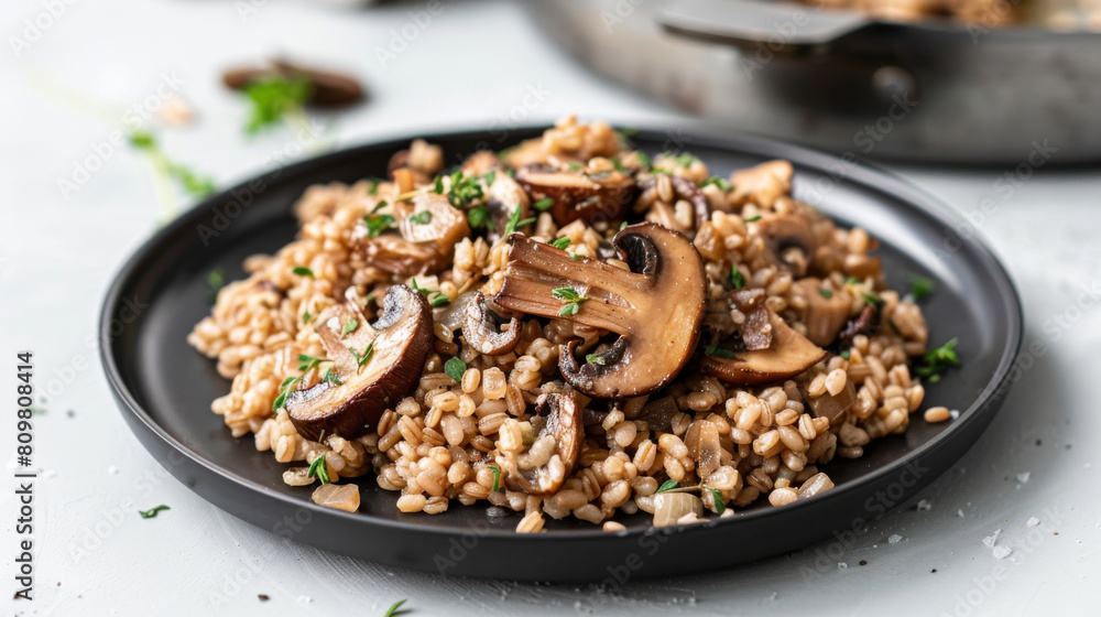 Wall mural traditional latvian barley pilaf with savory mushrooms and fresh herbs, served on a black plate to s