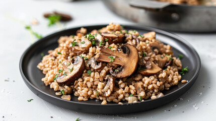 Traditional latvian barley pilaf with savory mushrooms and fresh herbs, served on a black plate to showcase baltic regional cuisine