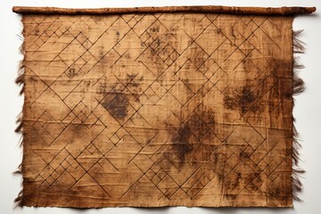 A brown and white piece of cloth with a pattern of squares and triangles. The cloth is frayed and has a worn look to it