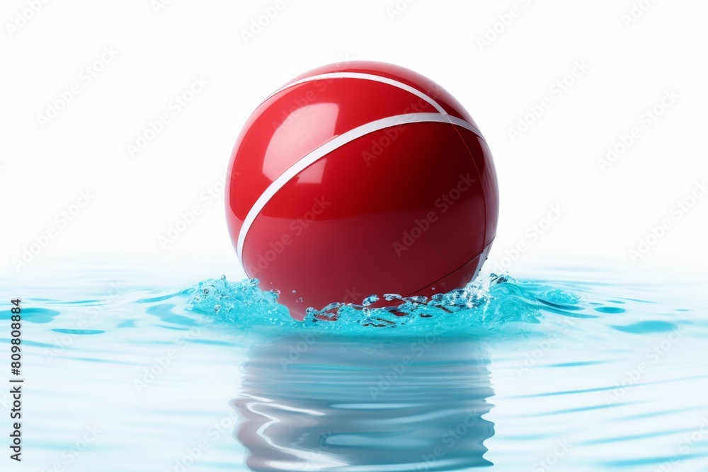 Poster a red ball is floating in a pool of water. the water is calm and the ball is the only object in the 