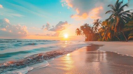 Beautiful tropical beach landscape at sunset. Generated AI image
