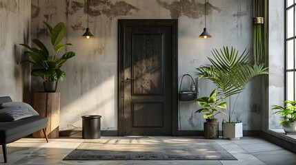 Boho style interior design of modern entrance hall with door