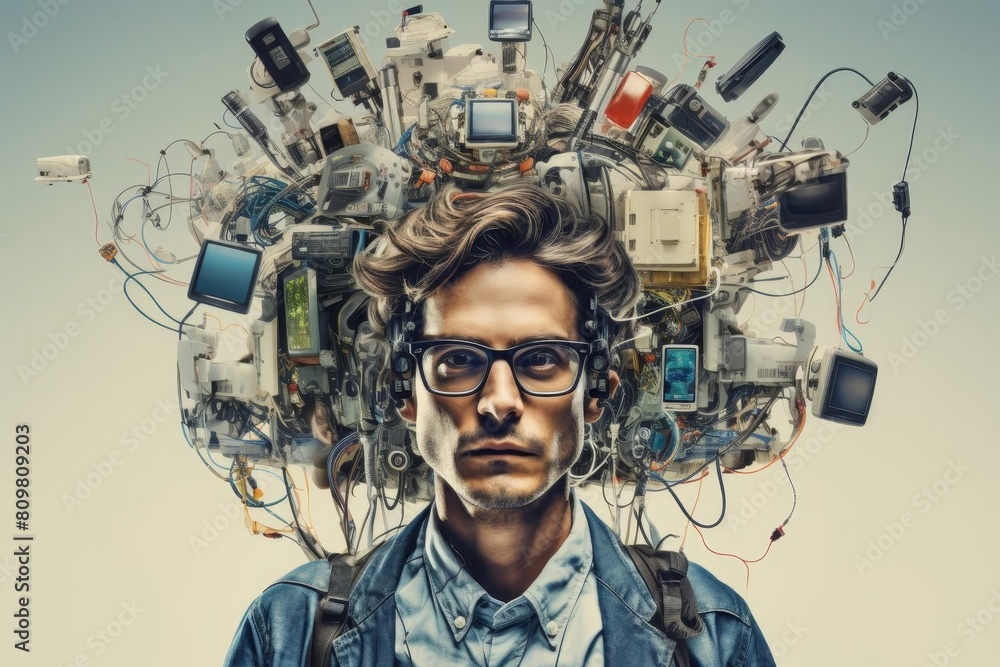 Poster a man with a head full of electronics and wires. the image is meant to convey the idea of technology