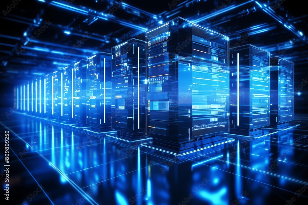 Poster a computer server room with many servers. the servers are blue and are lined up in rows. the room is