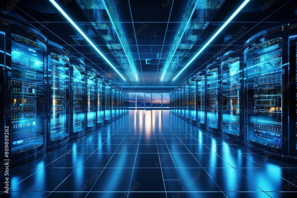 Poster a large room with many computer servers and a window. the room is illuminated with blue lights. scen