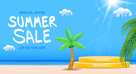 summer sale banner podium template with beach and sea water, Coconut trees, palm leaves and blue sky with clouds.