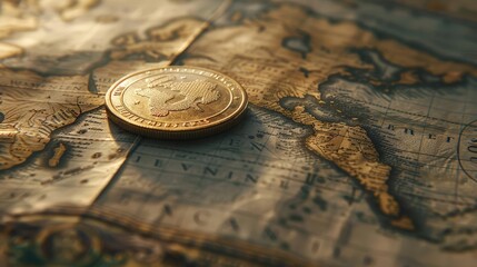 A close up of a gold coin on top of an old world map. The coin is in focus and the map is slightly blurred.
