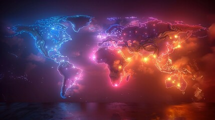 Neon light world map. AI generate illustration