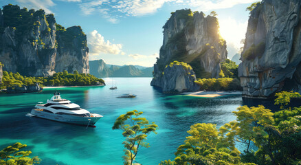 A luxurious yacht docked at an exotic island, surrounded by crystal clear waters and lush greenery.