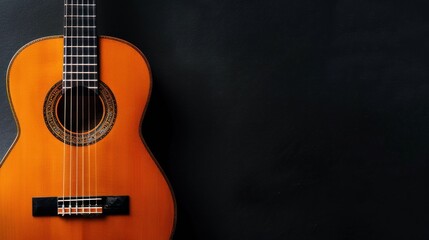Close up a classic guitar with copy space on a black background. Generated AI image