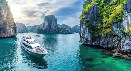A luxurious yacht docked at an exotic island, surrounded by crystal clear waters and lush greenery.