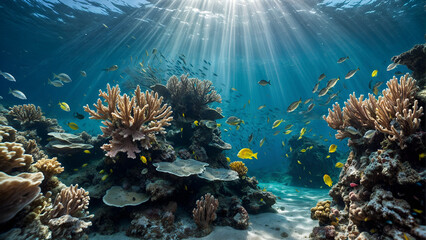 coral reef with fish,A scuba diver swims towards a coral reef under the sun's rays. Fish, including...