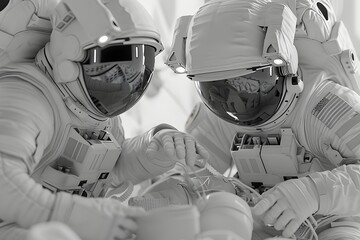 An intense monochromatic image illustrating astronauts experimenting with space-grown food, suggesting innovation and teamwork