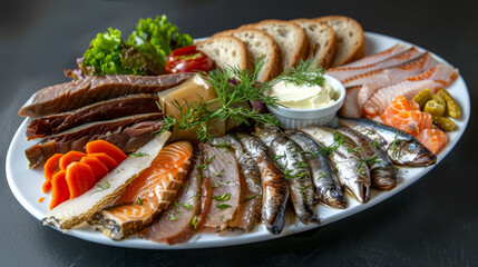 Delicious selection of smoked and marinated latvian fish with rye bread, butter, and fresh herbs - obrazy, fototapety, plakaty