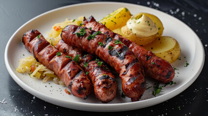 Savor authentic latvian cuisine with these juicy grilled sausages, served with boiled potatoes, sauerkraut, and a dollop of mustard - obrazy, fototapety, plakaty