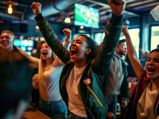 Football enthusiasts at a sports bar to watch a live match. They cheered for their teams, erupting in jubilation when a player scored a goal. The crowd celebrated their team's victorious championship.