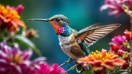 hummingbird feeding on flower,A colorful hummingbird is perched on a branch surrounded by flowers.