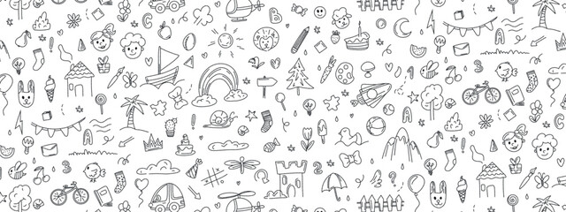 A pattern of objects from a child's life drawn by a pen, including toys, food, plants and things for sports and creative activities, a rocket. rainbow Children's graphics