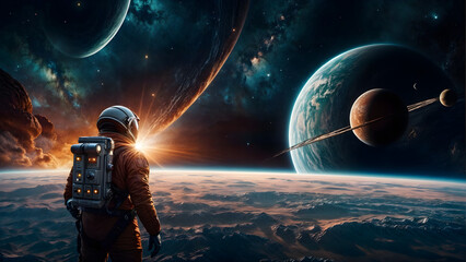 An astronaut in a spacesuit stands on a planet, looking out at a star and two other planets.
