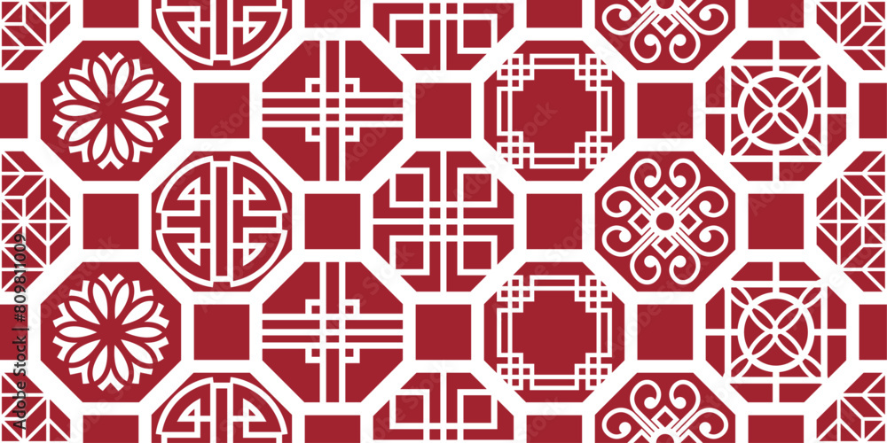 Poster chinese and japanese asian pattern. red and seamless tiles pattern.